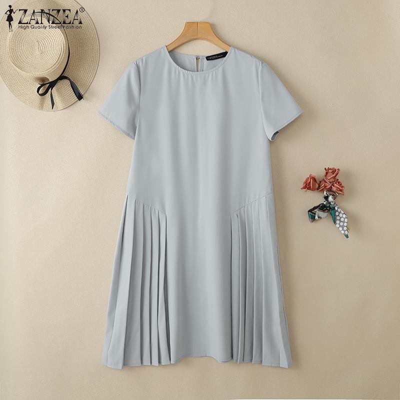 ZANZEA Женское повседневное платье с круглым вырезом и коротким рукавом