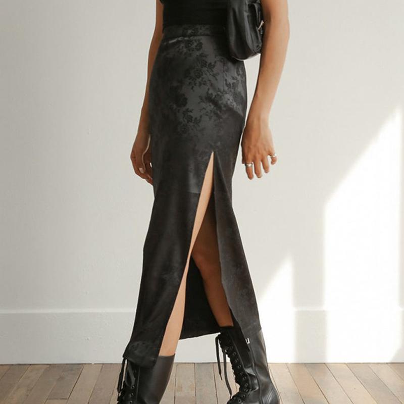 Женские черные длинные юбки, винтажная атласная юбка с цветочным принтом, женские юбки с высокой талией и разрезом по бокам, летние повседневные наряды