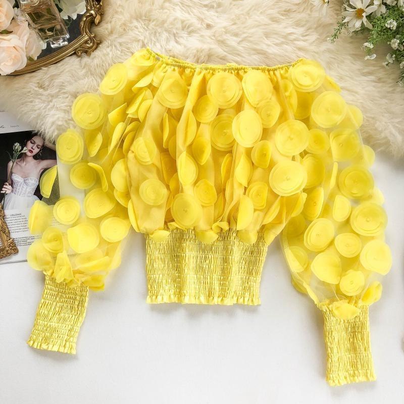 Модные 3D-цветы с рукавами-фонариками, облегающие сексуальные блузки для женщин, прозрачные сетчатые топы с вырезом-лодочкой, шифоновая рубашка для женщин, однотонная повседневная блузка с открытыми плечами 26475