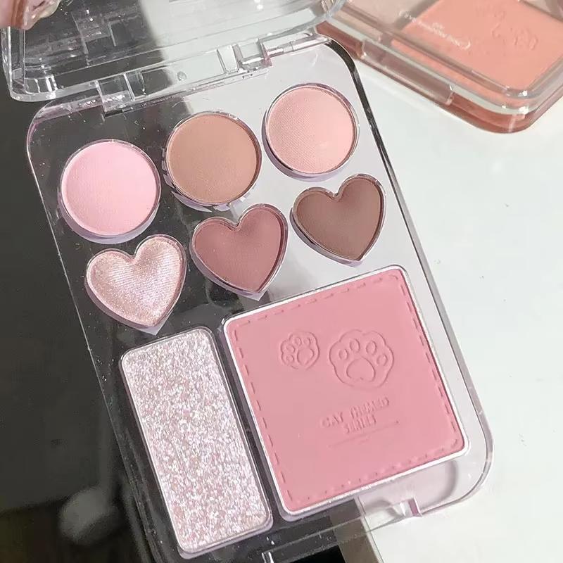 Pink Orange Eyeshadow Palette 8-Colors Facial Blusher Highlighters Brightening Lasting Heart-shaped Eye Shadow Make Up Cosmetics
