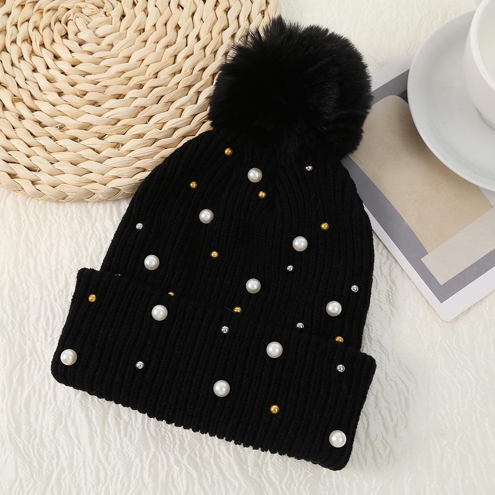 Korean Winter Pearl Rivet Pom Pom Woolen Hat for Women