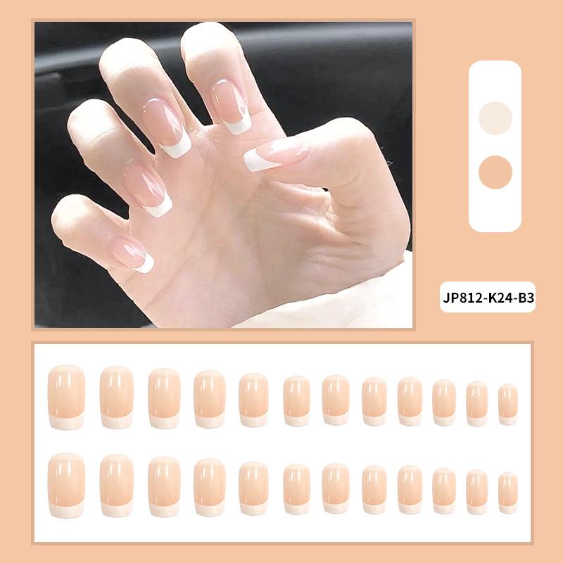 24PCS Long French White Edge Fake Nails Nude Skin Tone Simple Fake Nail Stickers Removable Waterproof Wear Finished Manicure