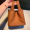 2024 Color-Matched Genuine Leather Bucket Bag, Lychee Grain Cowhide Handbag for Women