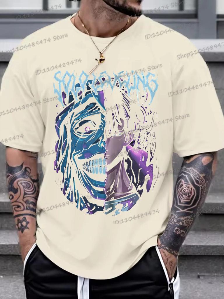 Аниме Футболка Solo Leveling Мужская Женская Хлопковая Оверсайз с Коротким Рукавом Футболка Статуя Бога и Сон Джин-Ву Комикс Футболки Топы