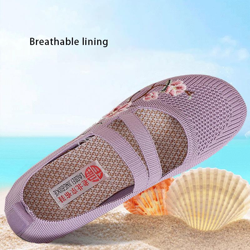 Purple Emboridery Flower Mary Janes Shoes for Women Comfy Summer Mesh Loafers Ladies Casual Ballet Flats Mom Gift Shoes
