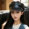 Autumn and Winter Pu Leather Retro Octagonal Hat for Women with Old Temperament and Versatile Face Showing Small Beret Korean Style Ripples Hat