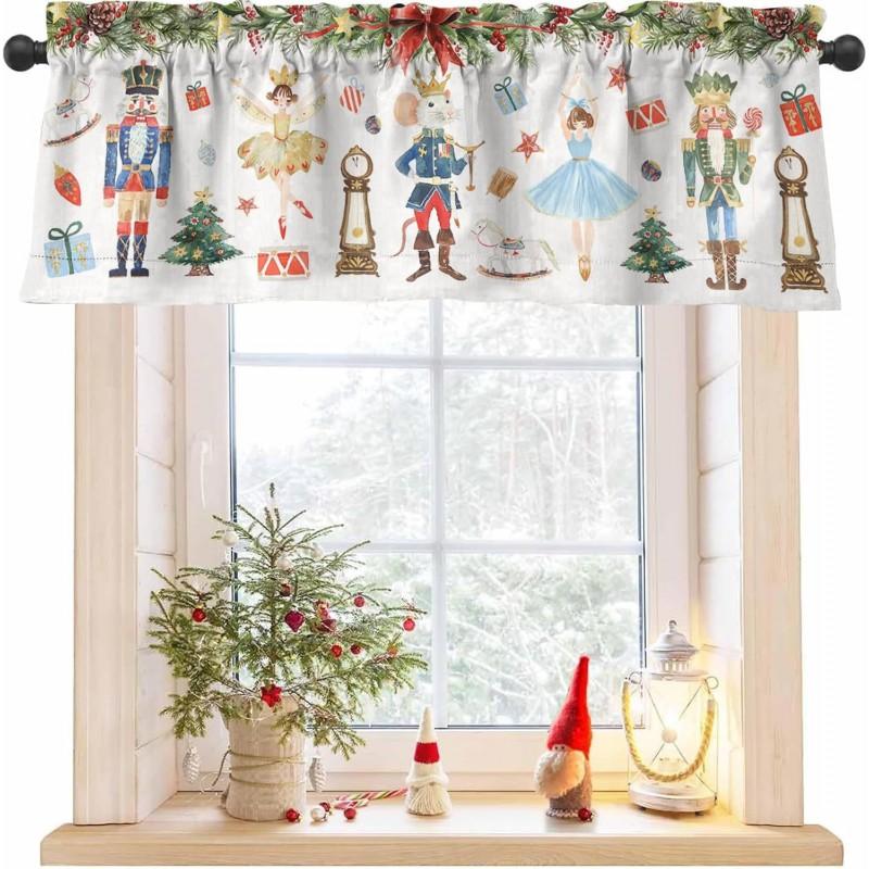 Christmas Nutcracker Kitchen Curtain Short Valance Watercolor Print Semi-Sheer Window Treatment Dining Room