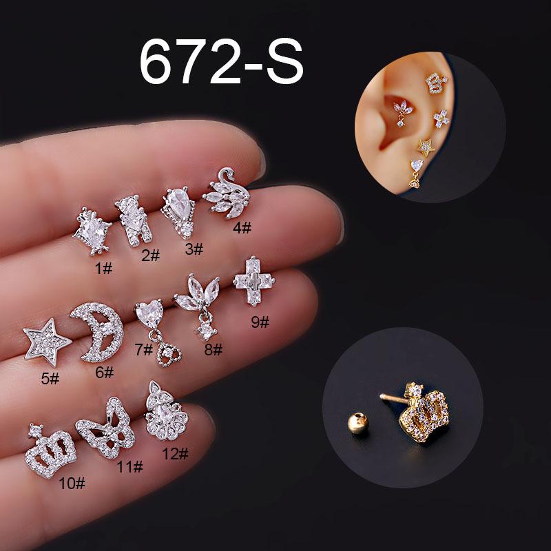 Titanium Steel Zircon Cartilage Stud Earrings: Butterfly, Crown, Star, Moon Designs
