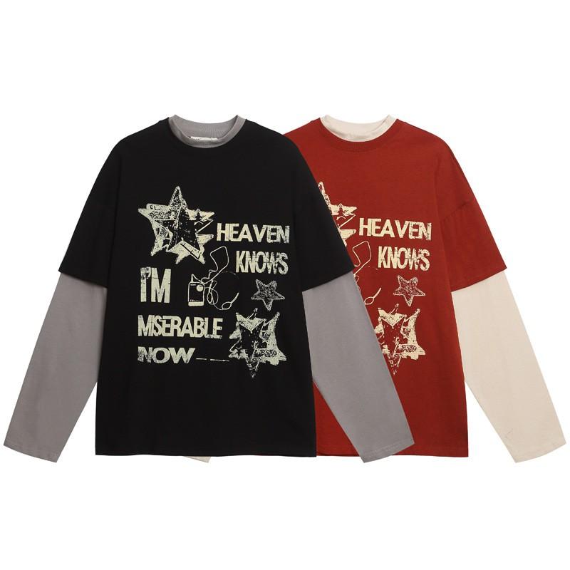 Unisex Oversized Long Sleeve Tee With Retro Letter Print Mock Layered Design Cotton Blend Streetwear Style