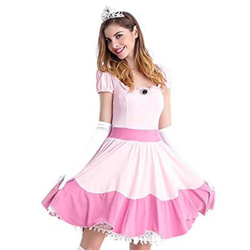 Элегантное розовое платье костюма принцессы Пич из Супер Марио с набором короны и перчаток