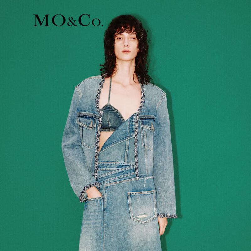 MO&Co. Women's Hand-Woven Trim Boxy Denim Jacket