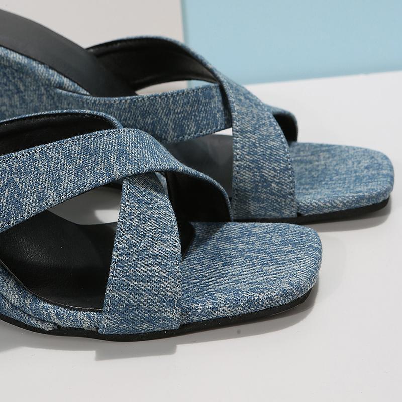 Lucyever Fashion Denim High Heels женские тапочки лето 2024 сандалии на танкетке с открытым носком женские большие размеры нескользящая пляжная обувь женская