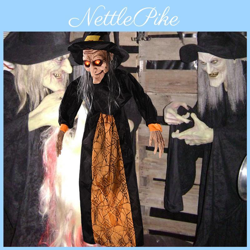 Creepy Life Size Witch Halloween Prop With Wrinkled Face And Silver Grey Hair