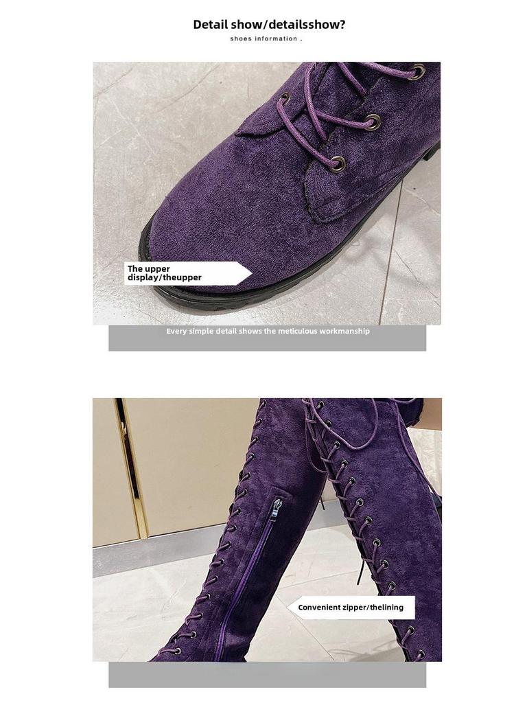 European & American Style Lace-Up Over-the-Knee Round Toe Long Boots for Women, Large Size 43, Autumn/Winter 2020.