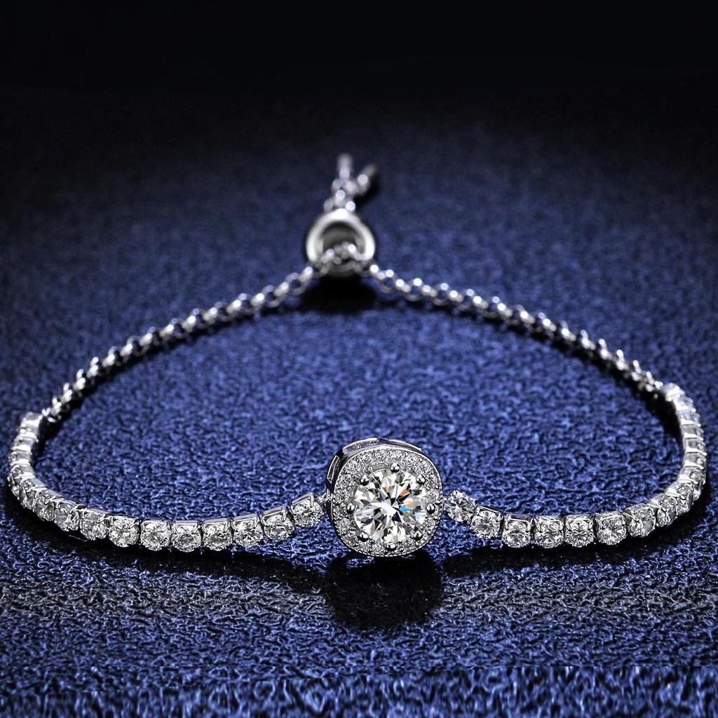 Moissanite Tennis 2CT 8mm Simulated Moissanite 925 Silver 18K White Adjustable Silver Jewelry One Moissanite Bracelet, Diamond, Plated, Gold, Women's