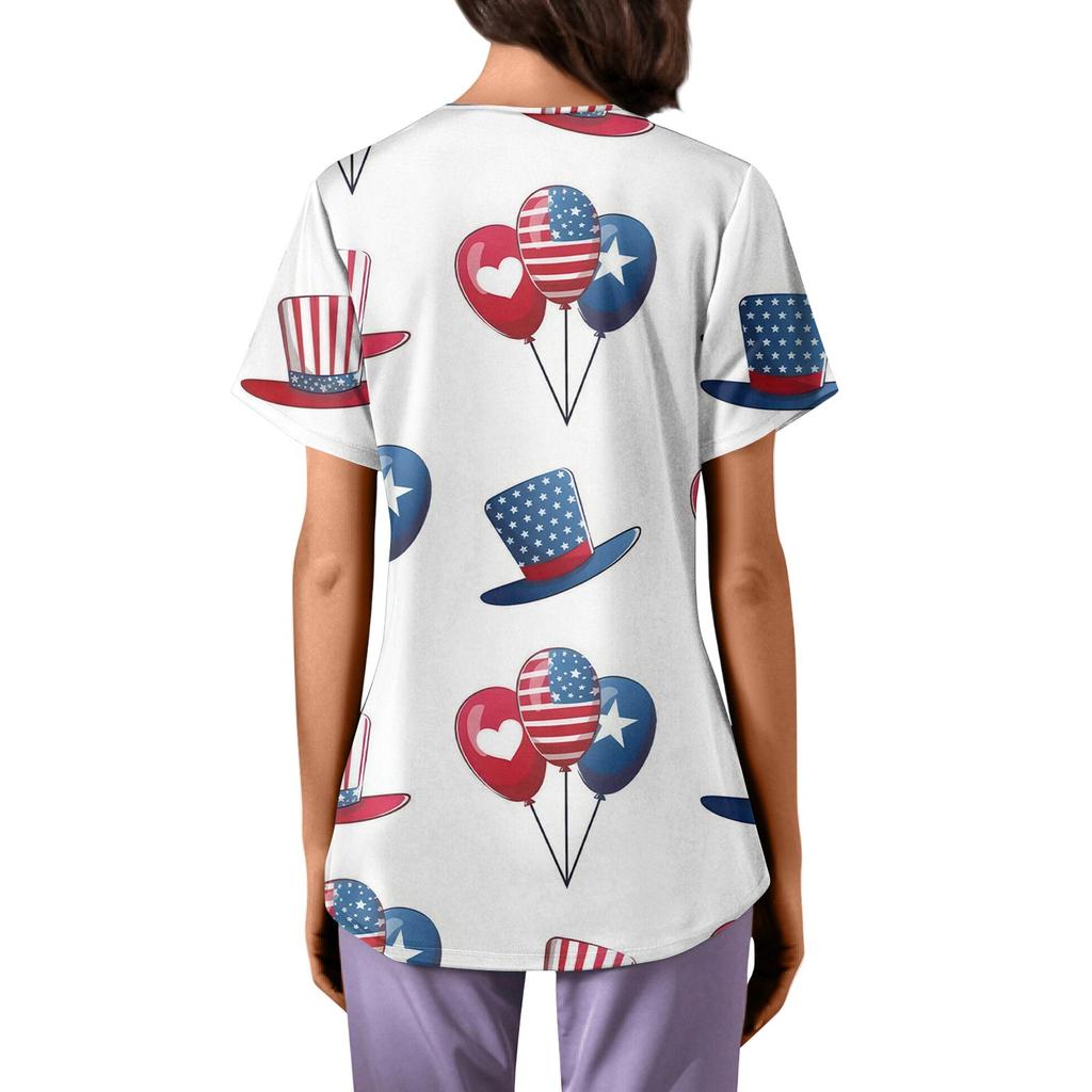 Plus Size Printed Scrub Working Uniform Tops For Women's Cross V Neck Independence Day Print Short Sleeve Fun T-Shirts Workwear Tee With Pockets