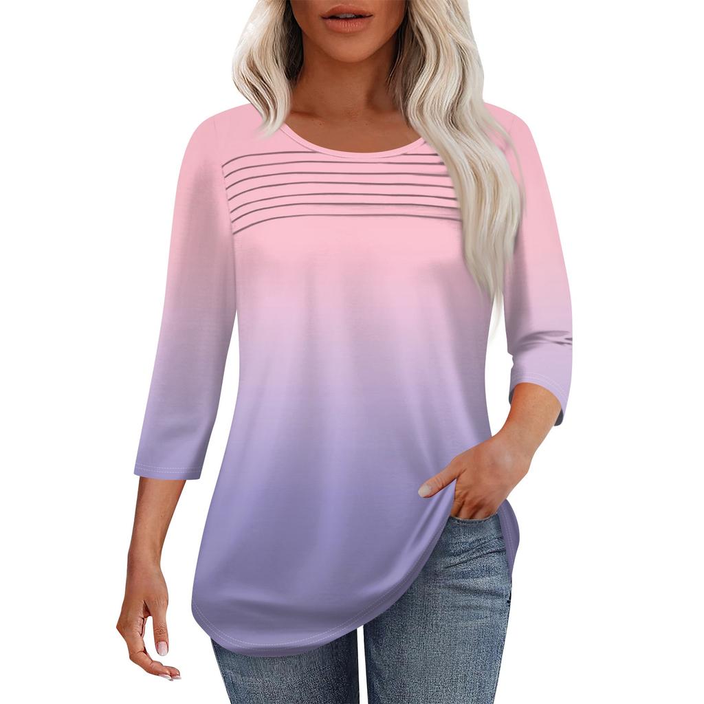 Women's Fashion Round Neck Pleated Front Placket Solid Color 3/4 Sleeve Top