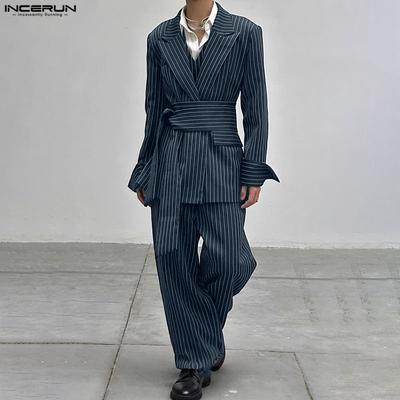 Мужские комплекты Лацкан Воротник Полосатый Пояс Блейзер Топы Брюки Длинные Брюки Повседневные Костюмы