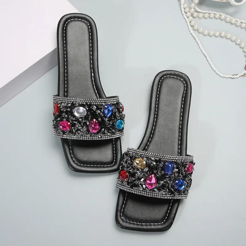 Модная женская обувь 2024 года, горячая распродажа, женские тапочки больших размеров, модные повседневные тапочки с кристаллами, женские летние тапочки с открытым носком на плоской подошве, Zapatos