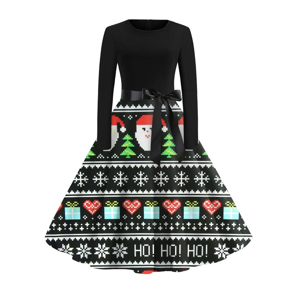 Рождественский принт расклешенное платье для женщин платье с длинным рукавом полые вечерние повседневные платья
