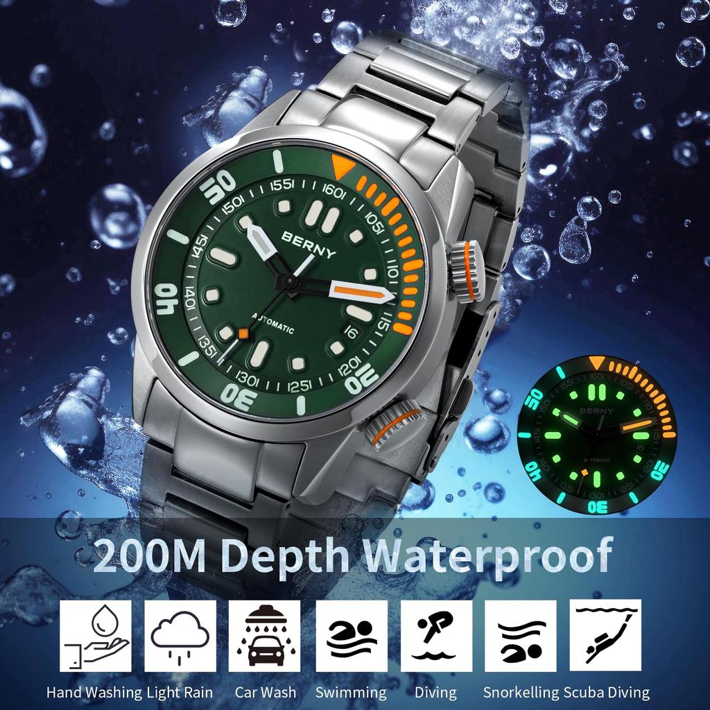 BERNY Watch Mechanical Watch Hand Wind Watch Automatic Watch 200m Diving Watch Наручные часы HV600 Hardness Sapphire Glass Прочный браслет из нержавеющей стали