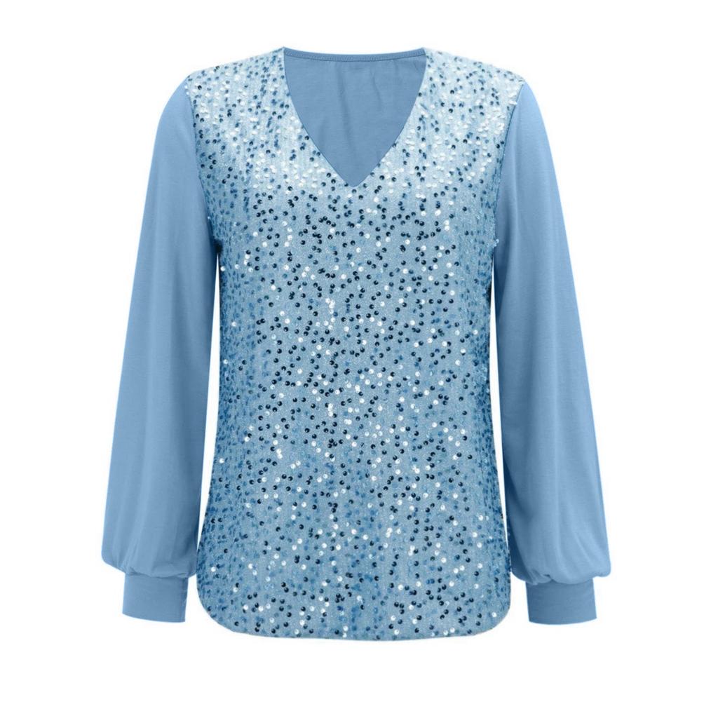Womens Sequin Tops V Neck Sparkly Glitter Blouses Loose Long Sleeve Holiday Evening Party Shiny Dressy Shirts