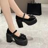 Summer Autumn Fashion New Solid Color Bow Banquet Elegant Thick-soled Buckle Round-toe Wear-resistant Women's High Heels
