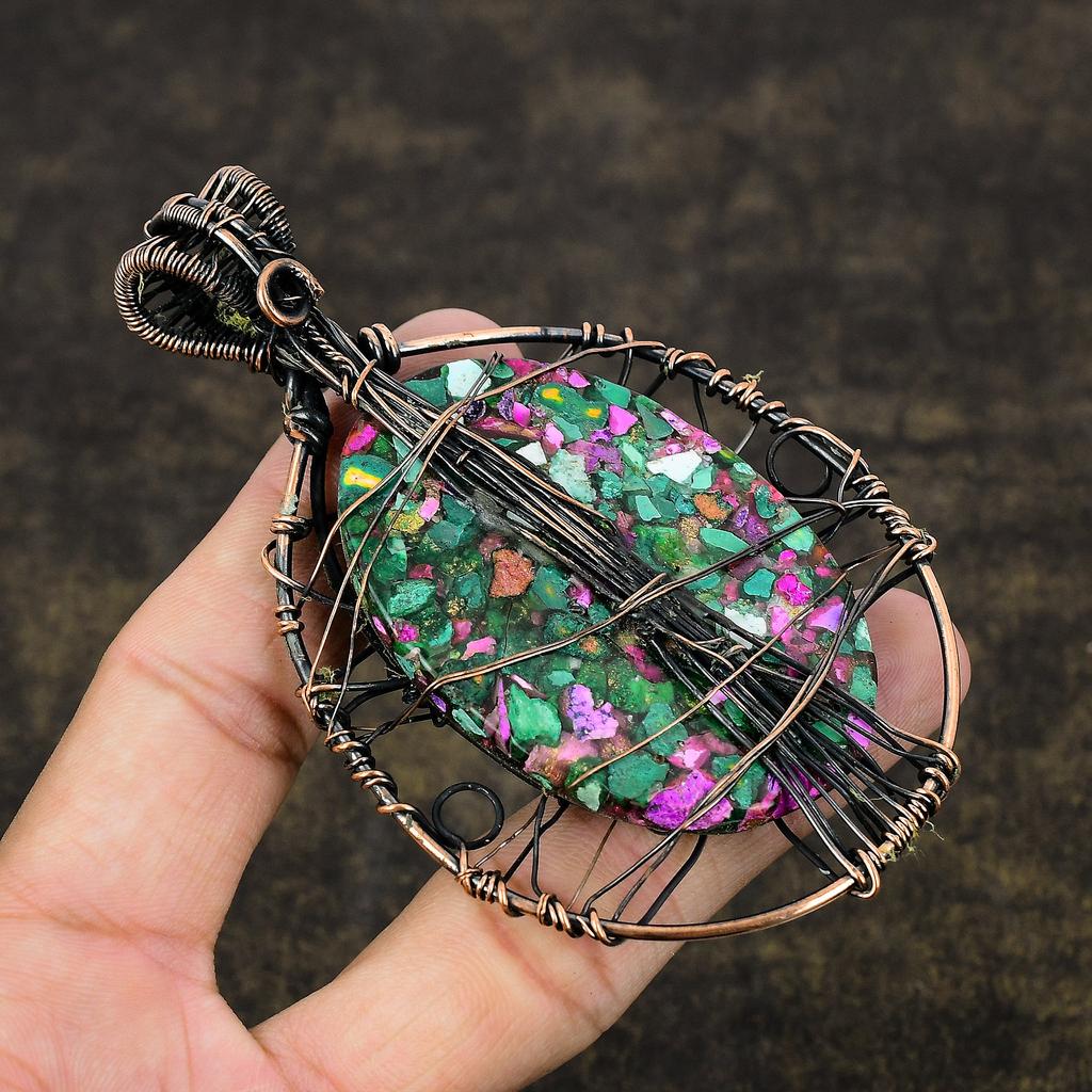 Медь Рубин Цоизит Лабораторно выращенный Ручная работа Медная проволока Оплетка Подвеска 3,82" g2j45