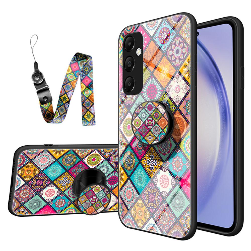 For Samsung Galaxy S25+ Case Kickstand Ethnic Pattern Tempered Glass Phone Cover with Strap