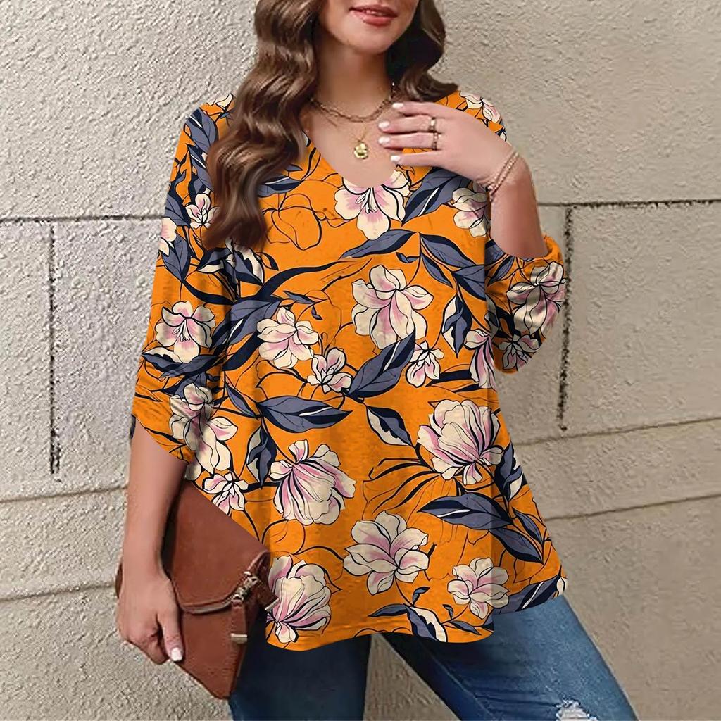 Women's Plus Size Fashion Printed Casual Pleated Round Neck Long Sleeve Top