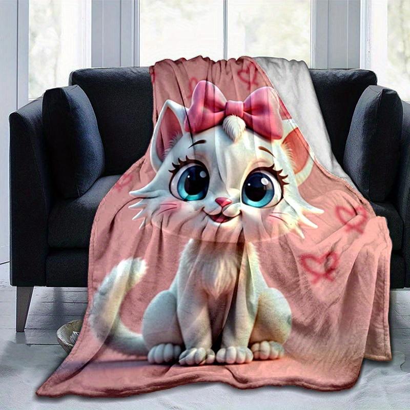 1pc Cute Cartoon Cat with Pink Bowknot Blankets, Cartoon Blanket, for Decorating Your Own Sofa and Living Room, Super Soft Flannel, for All