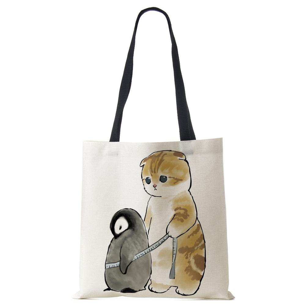 Женская сумка с милым животным кошачьим принтом, повседневная складная сумка-тоут для покупок в стиле Харадзюку, многоразовые сумки на плечо большой емкости