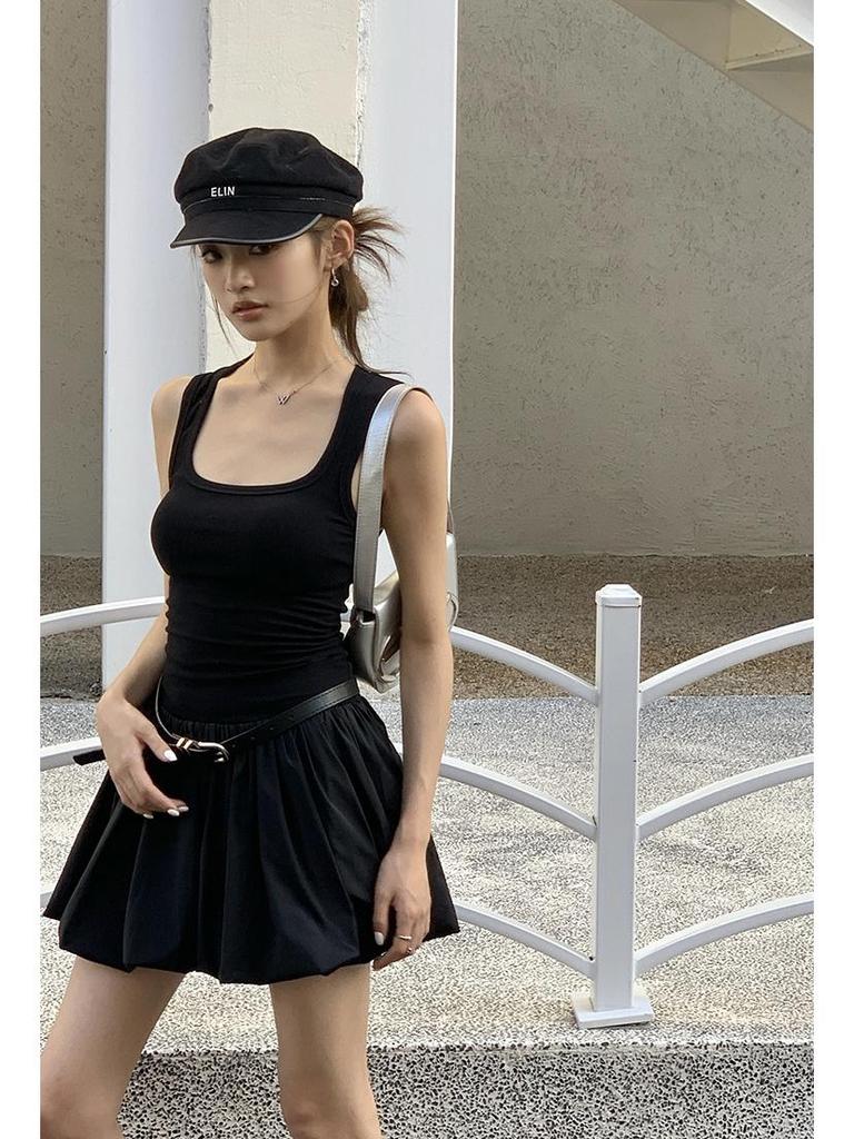 2026 Spring/Summer Women's High Waist Fluffy Short Skirt Patchwork Knit Vest Dress