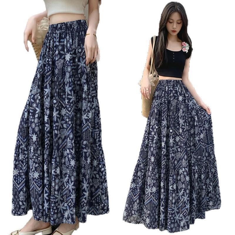 Summer Retro Printing Temperament Medium and Long Loose Big Swing Skirt Women Trendy Warm Orange Abstract Print Tiered Cake Skirt
