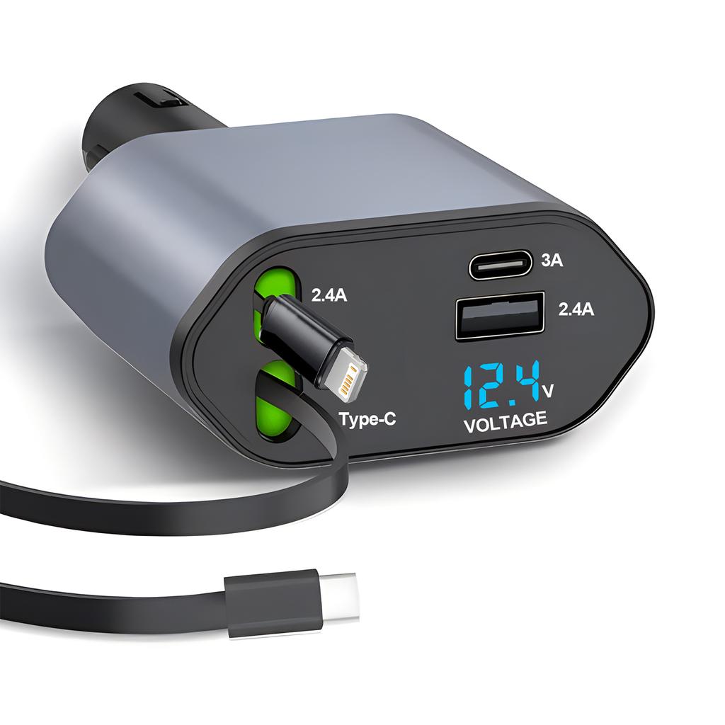 120 Вт 4-в-1 Быстрое автомобильное USB-C зарядное устройство, Выдвижной адаптер прикуривателя для iPhone Samsung Huawei Xiaomi – Quick Charge