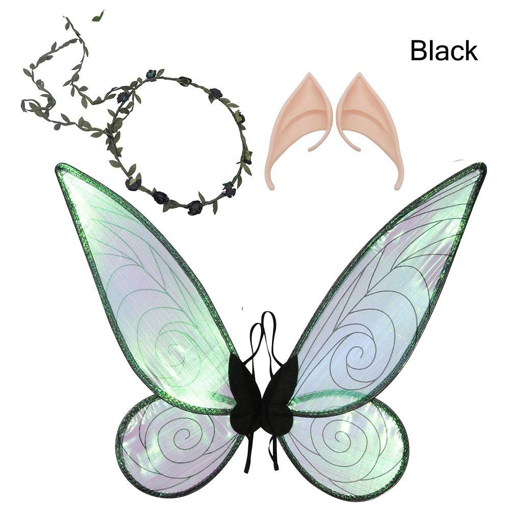 Костюм на Хэллоуин с блестящими крыльями феи, крыльями бабочки с цветочной короной и эльфийскими ушками, подарок на вечеринку