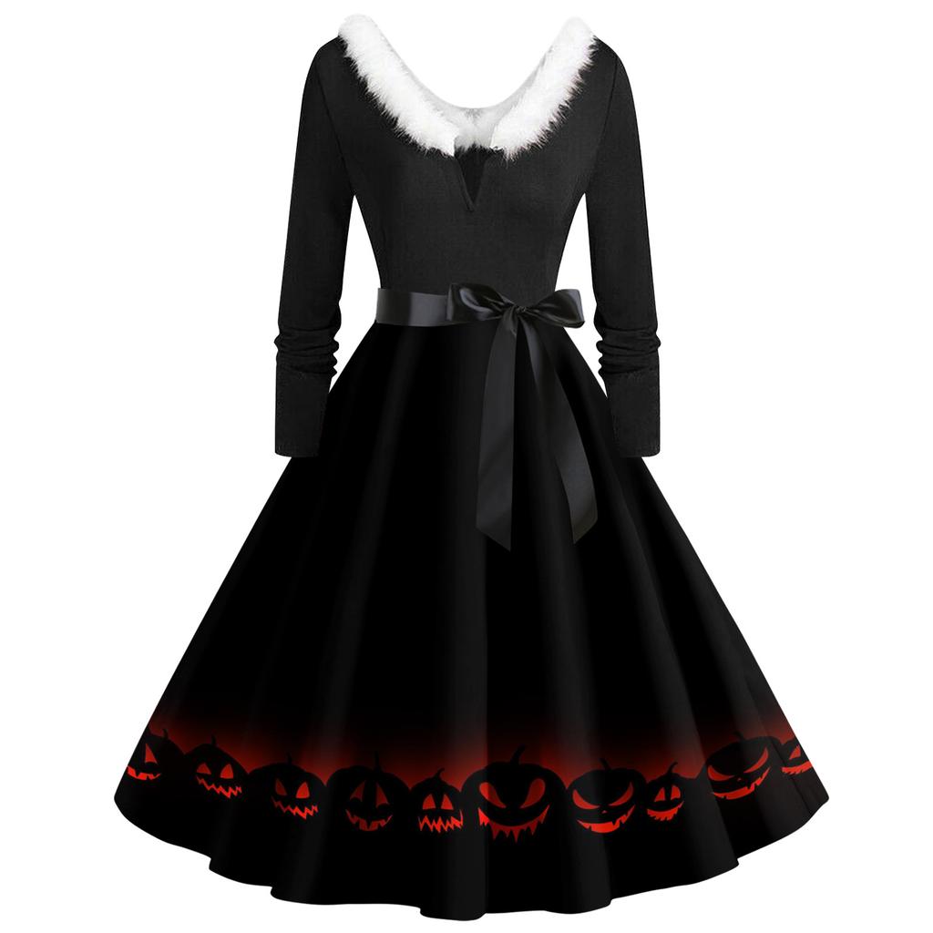 Женские повседневные модные платья с длинными рукавами и v-образным вырезом с принтом на Хэллоуин