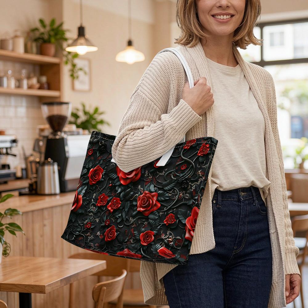 Elegant Red Rose Print Tote Bag Fashionable Daily Carry Shoulder Bag for Women