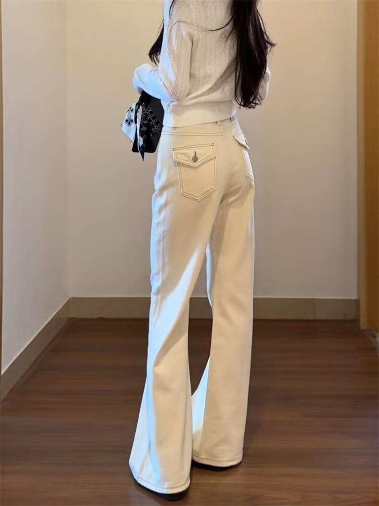 Off-white slightly pulled jeans for women's spring, autumn and winter new thin and drape without sticking to the legs straight flared pants