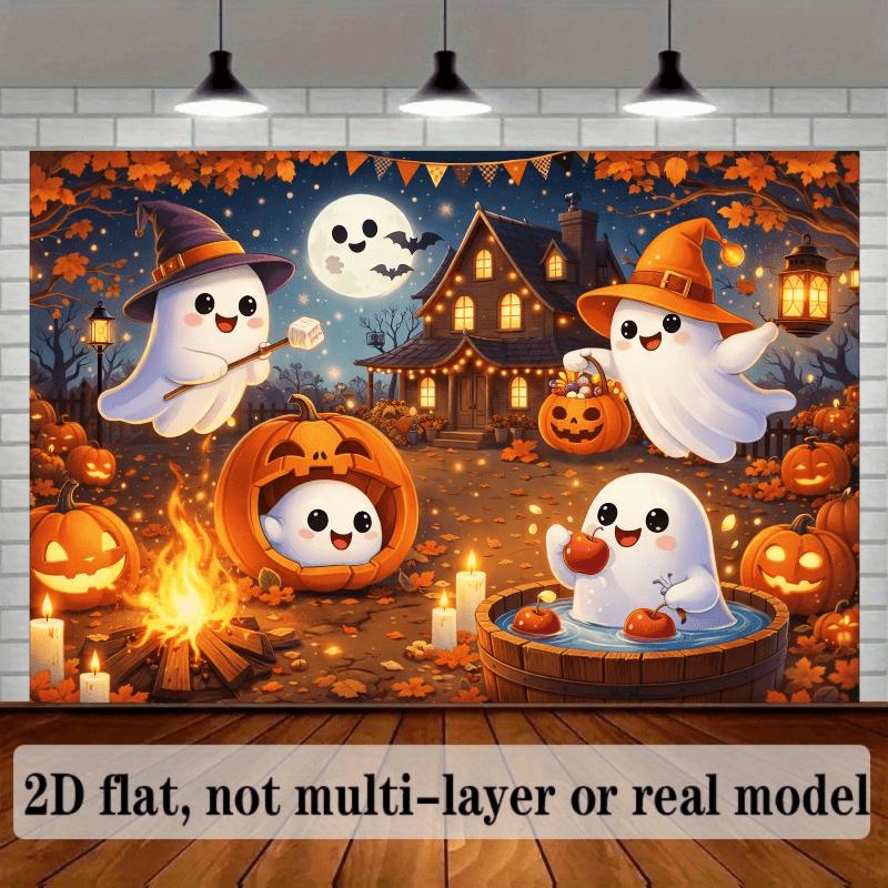 2D planar broom-themed Halloween background fabric, with two white ghosts in the center of the picture.zyc