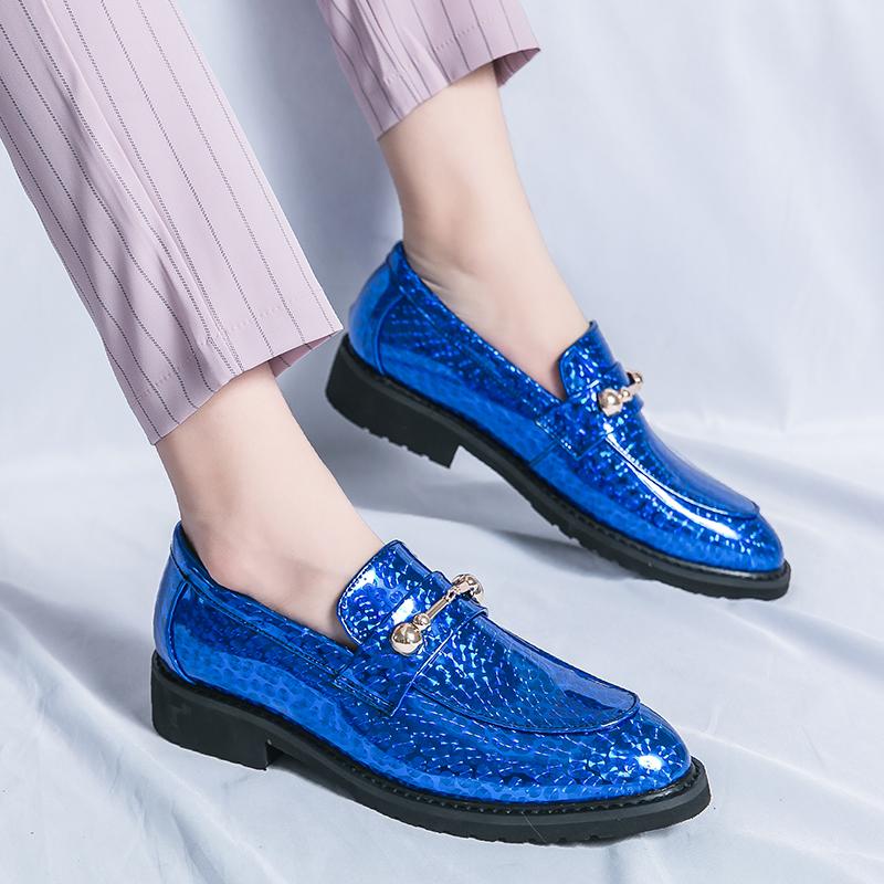 Fashion Spring  Autumn Popular Men's Shiny Leather Shoes Luxury Blue Dress Shoes Men's Loafers Groom Wedding Shoes for Men