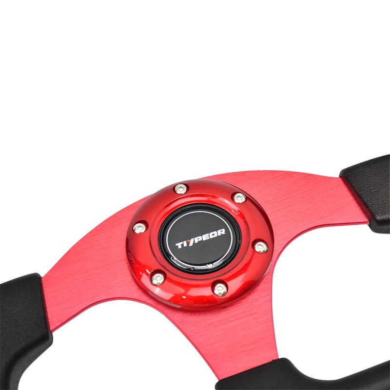 TIYPEOR 330mm Auto Racing Steering Wheel Flat Black Leather 6 Bolts Universal Sports Steering Wheel With Red Spoke