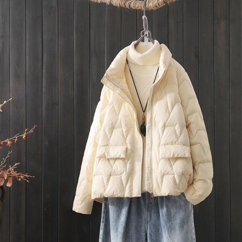 Зимняя однотонная молния с воротником-стойкой, белая куртка на утином пуху, женское пальто
