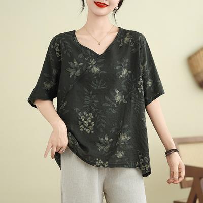 Футболка из хлопка и льна, новая китайская большого размера, женская, летняя, тонкая, в стиле ретро, этническая, универсальная, свободная, с V-образным вырезом и короткими рукавами для женщин
