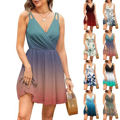 Женская мода повседневные платья с V-образным вырезом и бретелями без рукавов с цветочным принтом