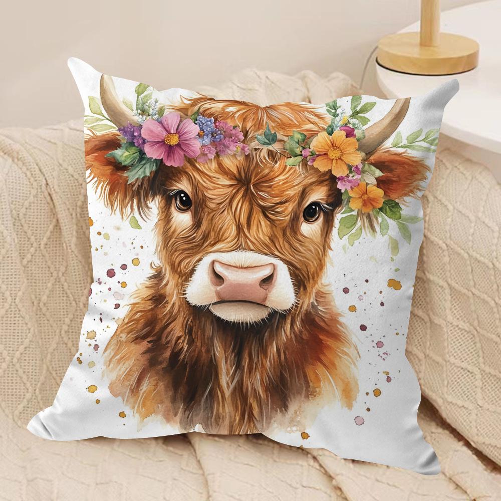 Highland cow and flower Cushion Cover Soft Plush Fabric DoubleSided Printed Cushion Covers for All Seasons Home Decor