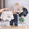 Комплект из 2 предметов с длинным рукавом для мальчиков, 0-5 лет Детская флисовая толстовка с английским принтом + джинсовые брюки
