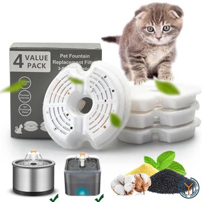 Yeahmart 4 шт., фильтры для питьевого фонтанчика для домашних животных и кошек, 3-ступенчатая фильтрация для фонтанов для домашних животных на 67 унций/2 л, ультра-тихий насос, автоматический питьевой фонтанчик