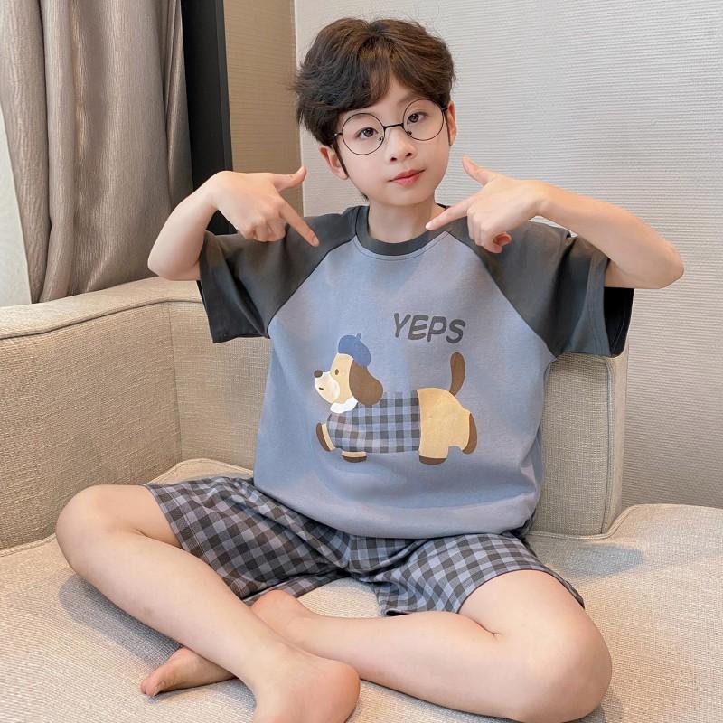 Cotton 3-Piece Pajama Set Boys Lightweight Short Sleeve Sleepwear Cartoon Print Home Wear Ages 8