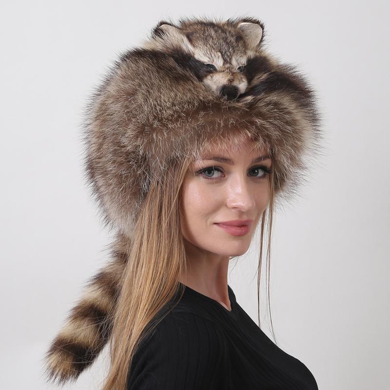 Модные женские зимние шапки Роскошная пушистая стильная теплая шапка из натурального модного меха Шапка с хвостом русского енота